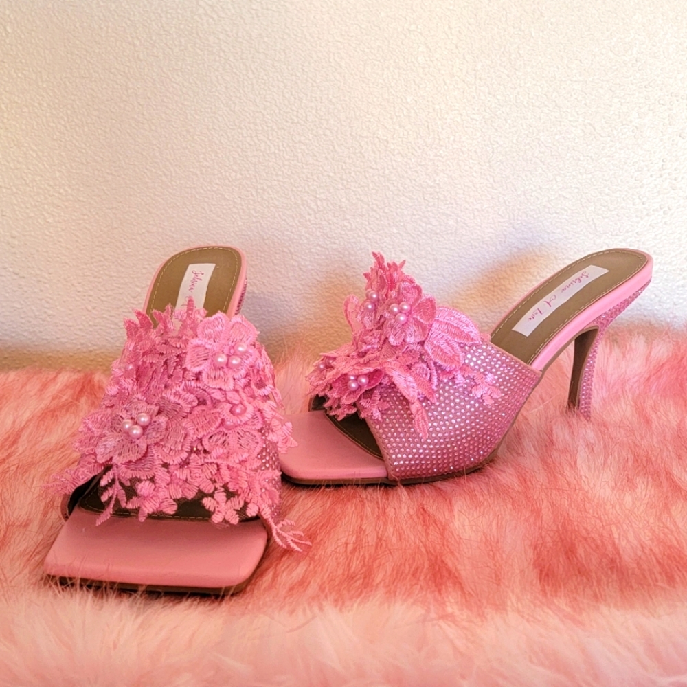 Custom Order "CANDY" Pink Crystal Lace Mule Heels¹